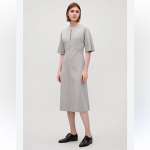 COS Zip V-Neck Dress Grey Midi Knit Minimalist XS
